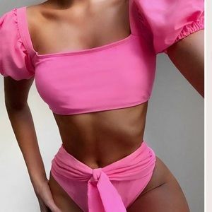 Puff Sleeve Tie Front Tee Bikini Swimsuit